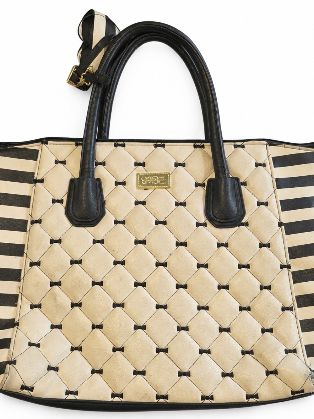 Betsey Johnson Black White Striped Quilted Tote Bag Heart Charm Zip Top